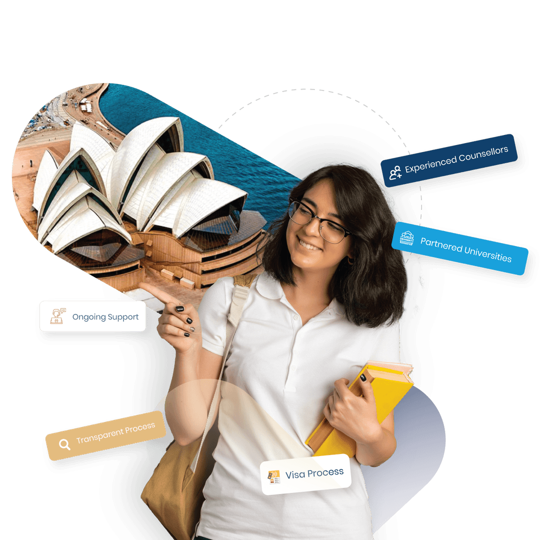 Happy student with books and backpack ready to study abroad