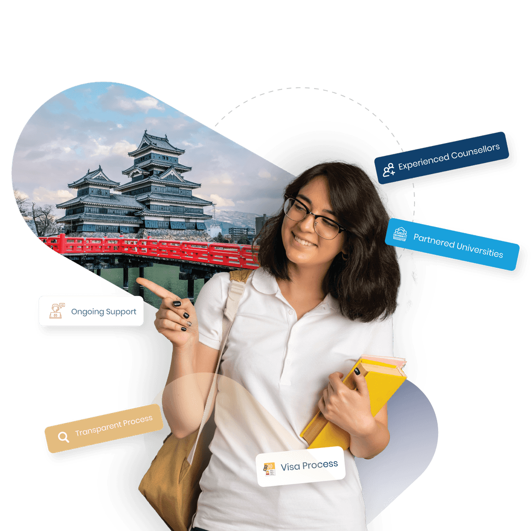 Happy student with books and backpack ready to study abroad